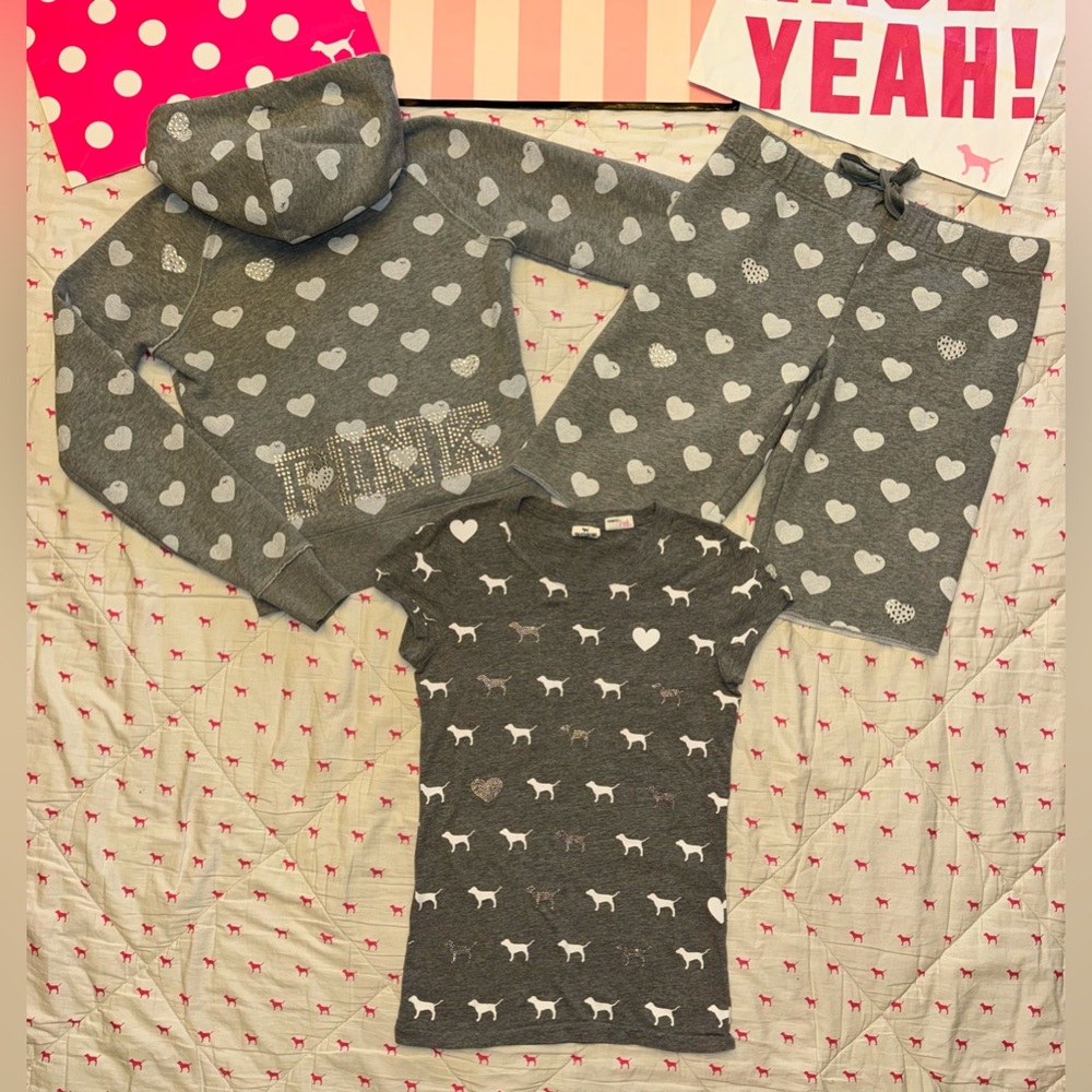 VS PINK VINTAGE Y2K SET HOODIE SHORTS & TEE GRAY DOG PUP HEARTS BLING RARE HTF S